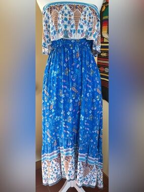 Strapless Hi-Low Tube Dress Boho Blue Hippy Ruffle